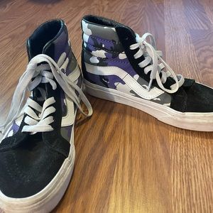 Purple grey black and white camo high top vans. Women’s size 5 or men’s size 3.5